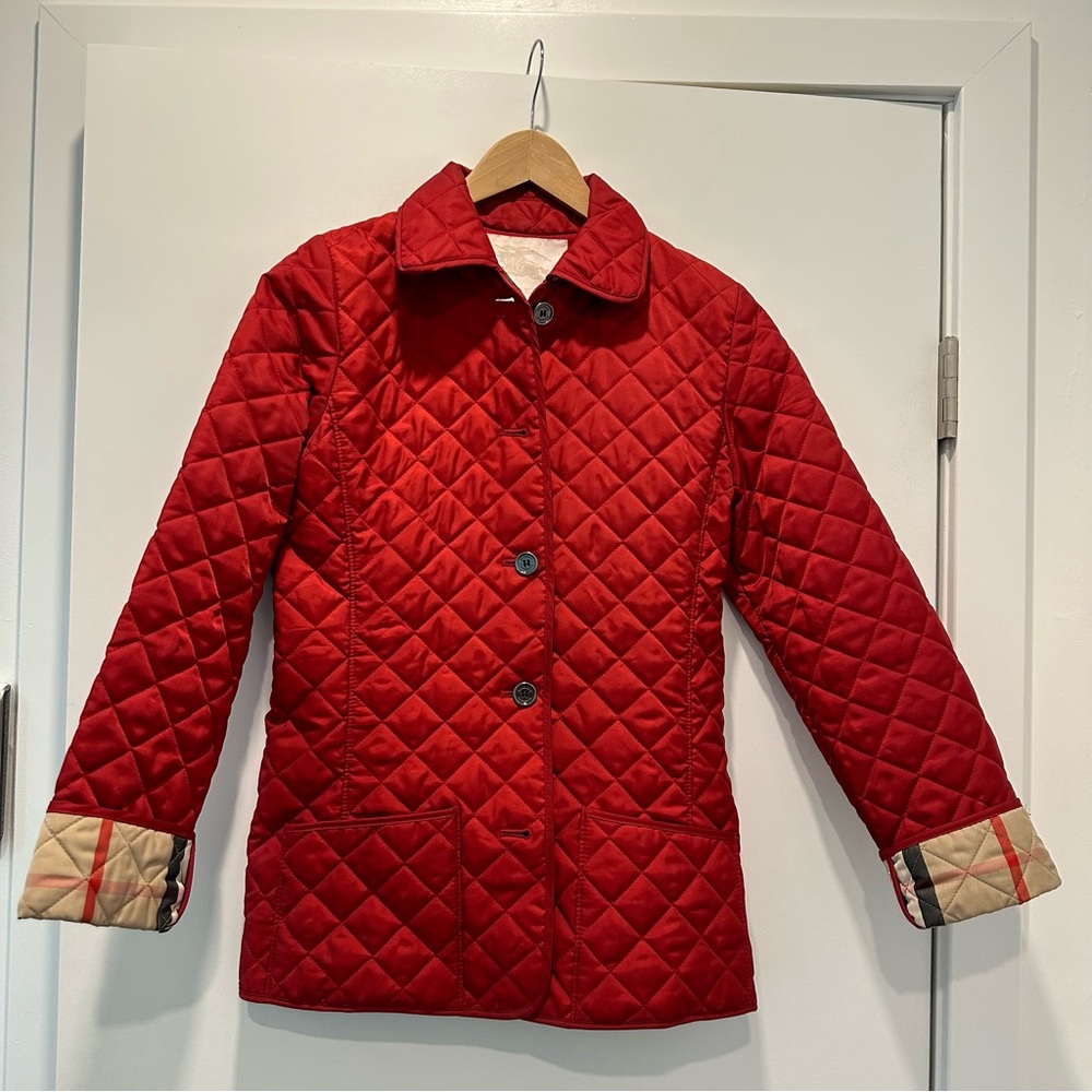 Burberry Red Quilted Kids Coat with Signature Cuff